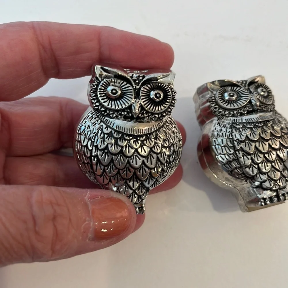 Pier 1 owl figurine salt & pepper shaker set silver tone metal kitchen decor